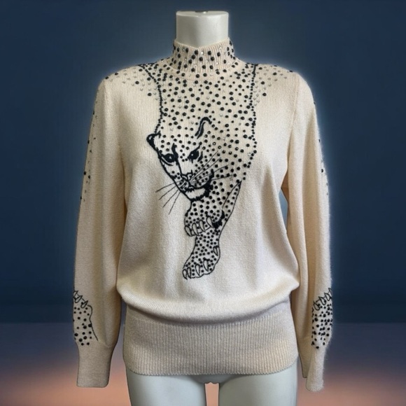 Vintage Antonella Preve Beaded Leopard Sweater Rhinestone Embellished Size Small - Picture 6 of 14